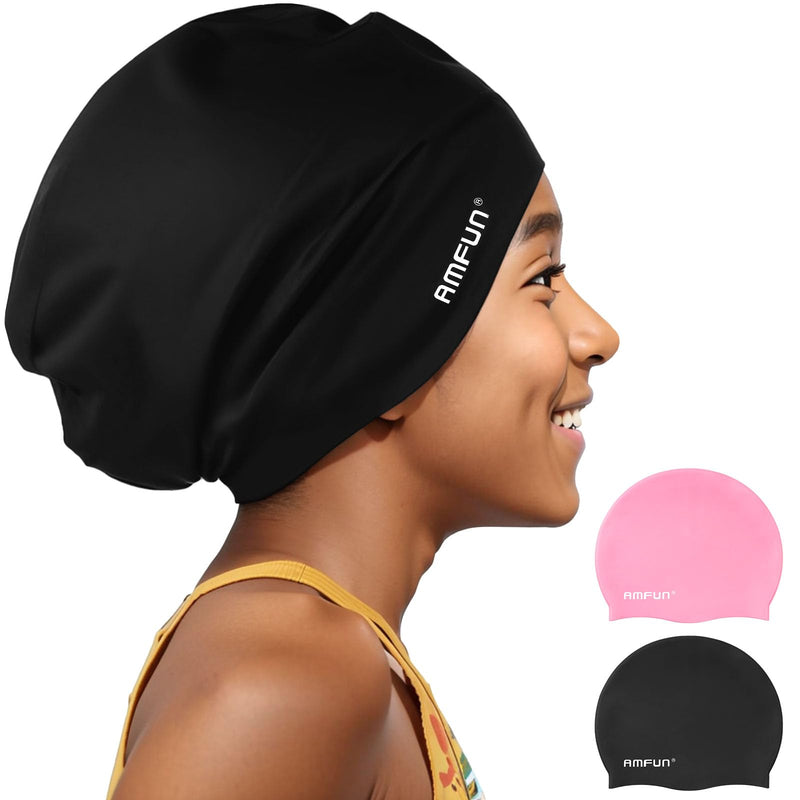 AMFUN Silicone Cover Ears Swimming Caps, Adult Unisex Swim Hat for Long Hair, Elastic Anti-slip Swimming Hat, Hypoallergenic Waterproof Swimming Caps for Men and Women