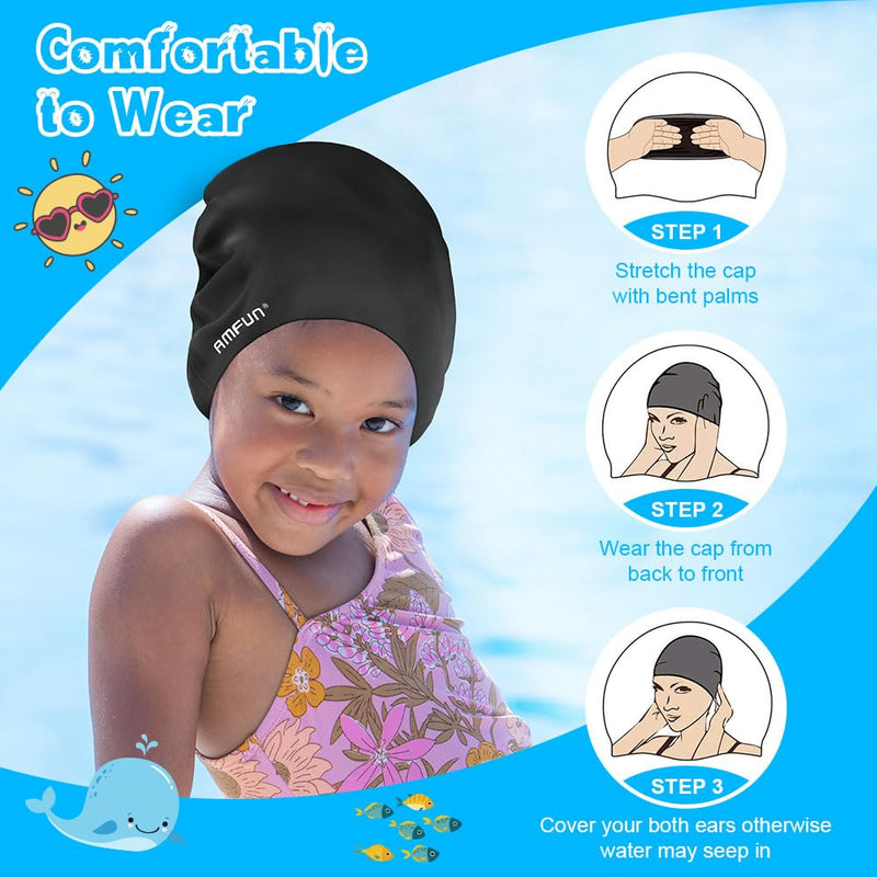 AMFUN Silicone Cover Ears Swimming Caps, Adult Unisex Swim Hat for Long Hair, Elastic Anti-slip Swimming Hat, Hypoallergenic Waterproof Swimming Caps for Men and Women