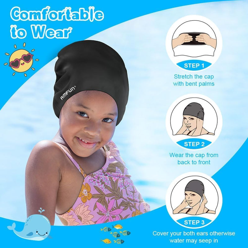 AMFUN Silicone Cover Ears Swimming Caps, Adult Unisex Swim Hat for Long Hair, Elastic Anti-slip Swimming Hat, Hypoallergenic Waterproof Swimming Caps for Men and Women