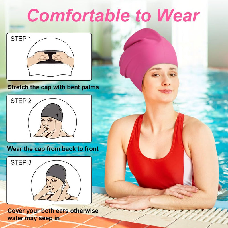 AMFUN Silicone Cover Ears Swimming Caps, Adult Unisex Swim Hat for Long Hair, Elastic Anti-slip Swimming Hat, Hypoallergenic Waterproof Swimming Caps for Men and Women
