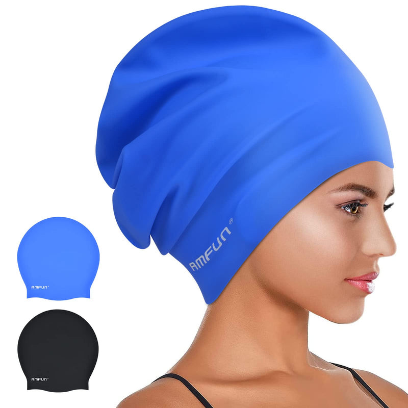 AMFUN Silicone Cover Ears Swimming Caps, Adult Unisex Swim Hat for Long Hair, Elastic Anti-slip Swimming Hat, Hypoallergenic Waterproof Swimming Caps for Men and Women