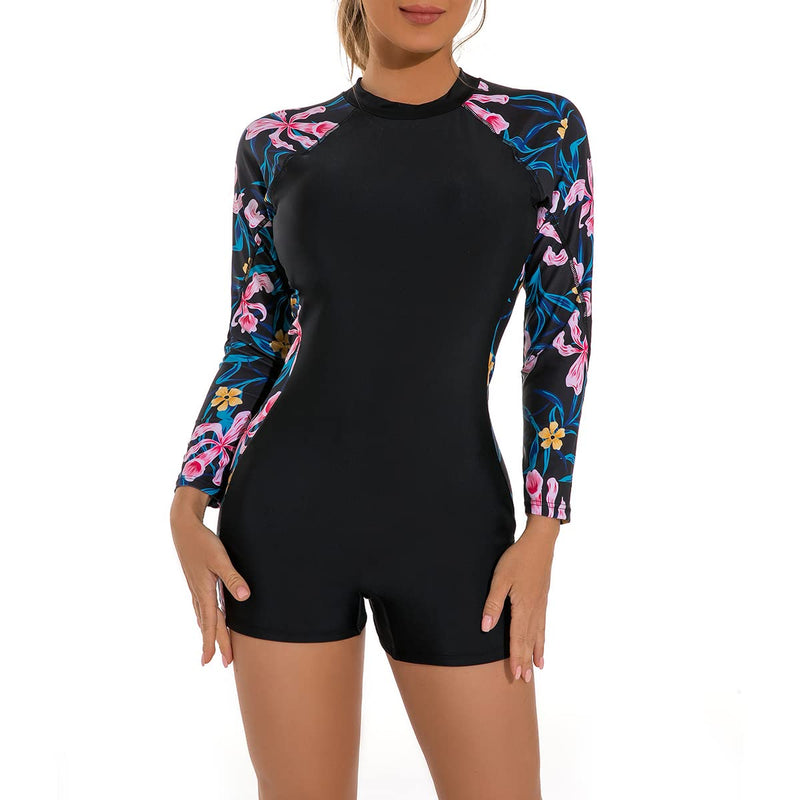 FYMNSI Women's Short/Long Sleeve One-Piece Swimsuit with Tropical Floral Print Zipper Front Rash Guard Bathing Suit Beachwear