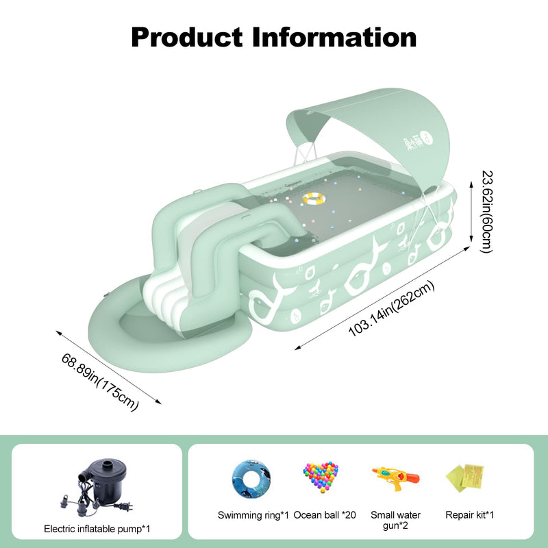 Ergocar shaded summer swimming pool. The outdoor inflatable swimming pool has a built-in slide. Above ground swimming pools for children and adults. Family entertainment leisure swimming pool.
