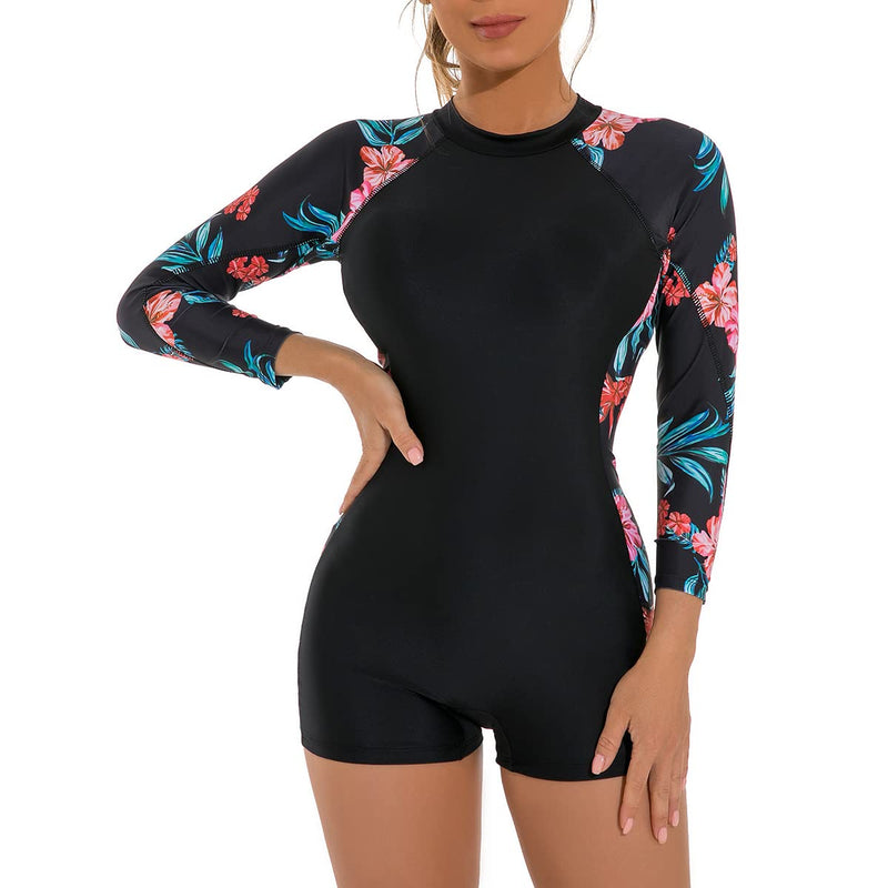 FYMNSI Women's Short/Long Sleeve One-Piece Swimsuit with Tropical Floral Print Zipper Front Rash Guard Bathing Suit Beachwear