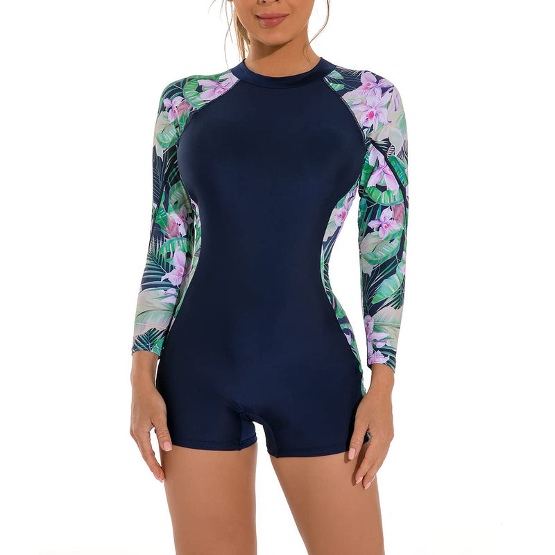 FYMNSI Women's Short/Long Sleeve One-Piece Swimsuit with Tropical Floral Print Zipper Front Rash Guard Bathing Suit Beachwear