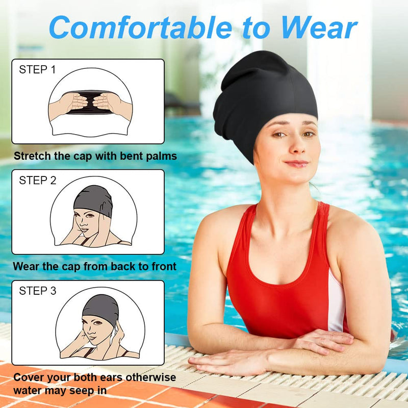 AMFUN Silicone Cover Ears Swimming Caps, Adult Unisex Swim Hat for Long Hair, Elastic Anti-slip Swimming Hat, Hypoallergenic Waterproof Swimming Caps for Men and Women
