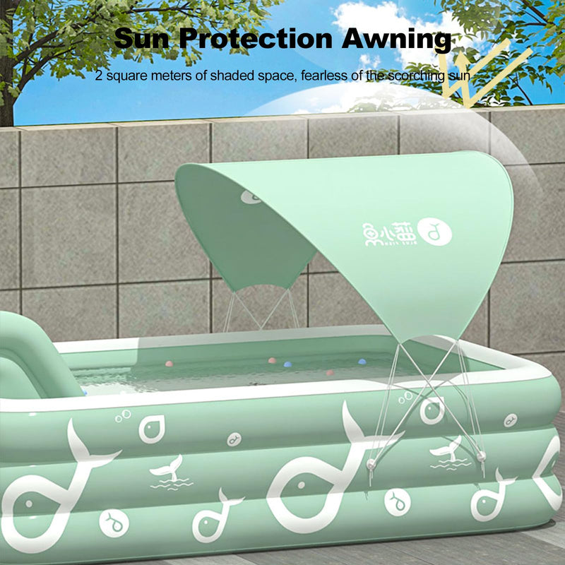 Ergocar shaded summer swimming pool. The outdoor inflatable swimming pool has a built-in slide. Above ground swimming pools for children and adults. Family entertainment leisure swimming pool.