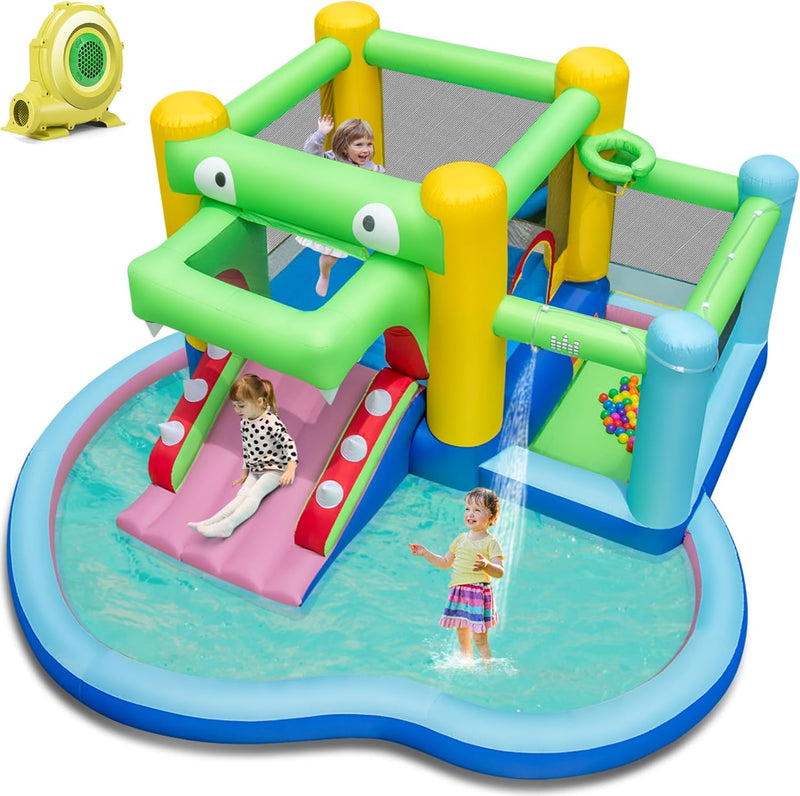 GYMAX Kids Bouncy Castle with 680W Blower, 5-in-1 Inflatable Water Park with Slide, Splash Pool, Ocean Balls, Ball Pit & Basketball Hoop, Children Jumping House for Outdoor Indoor, 400x390x190cm
