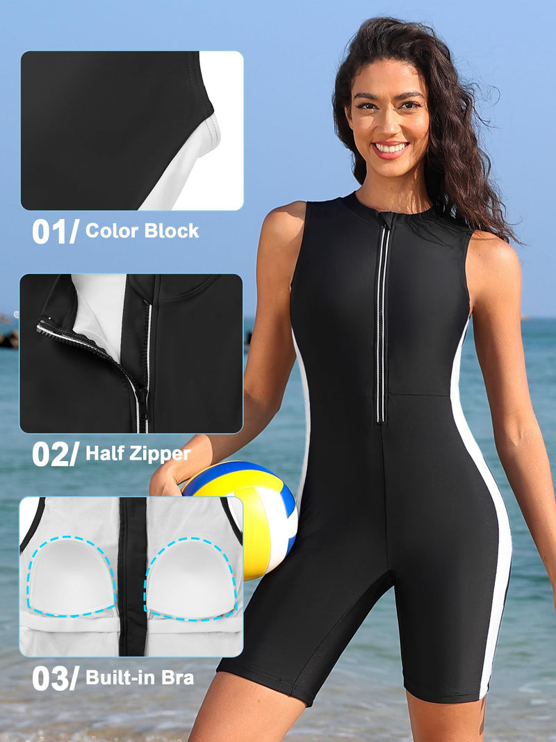 ATTRACO Womens One Piece Zip Up Swimming Costume Boyleg Modest Swimwear Athletic Swimming Suit