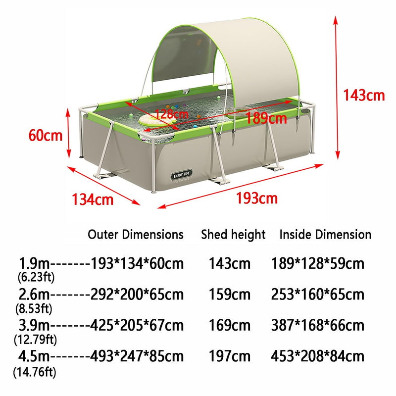 Metal Frame Swimming Pool Summer Rectangular Above Ground Pools Folding pool with shed roof Outdoor Lounge Pool for Adults Kids (Non-inflatable installation)(Size:4.5m)