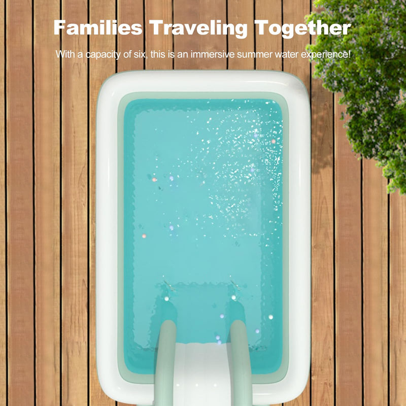Ergocar shaded summer swimming pool. The outdoor inflatable swimming pool has a built-in slide. Above ground swimming pools for children and adults. Family entertainment leisure swimming pool.