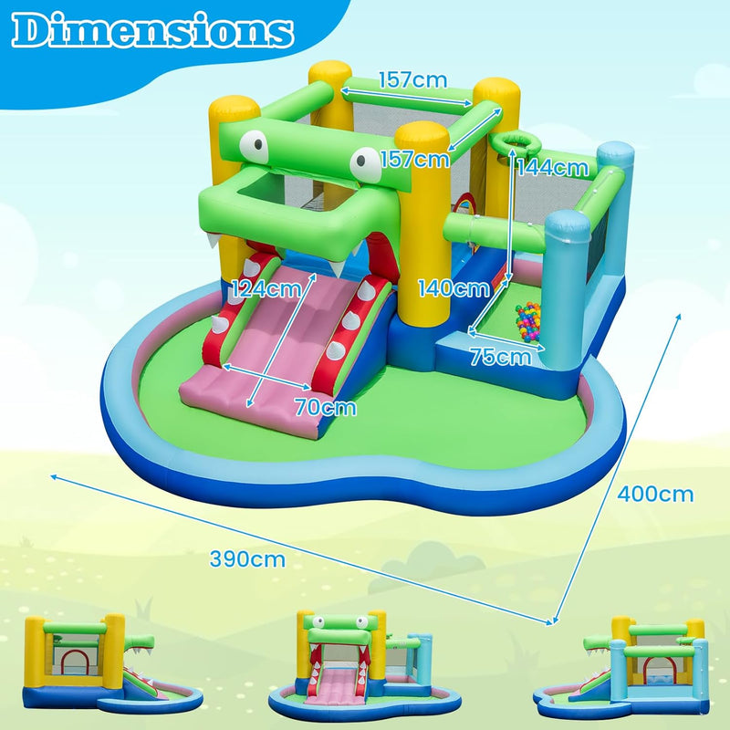 GYMAX Kids Bouncy Castle with 680W Blower, 5-in-1 Inflatable Water Park with Slide, Splash Pool, Ocean Balls, Ball Pit & Basketball Hoop, Children Jumping House for Outdoor Indoor, 400x390x190cm