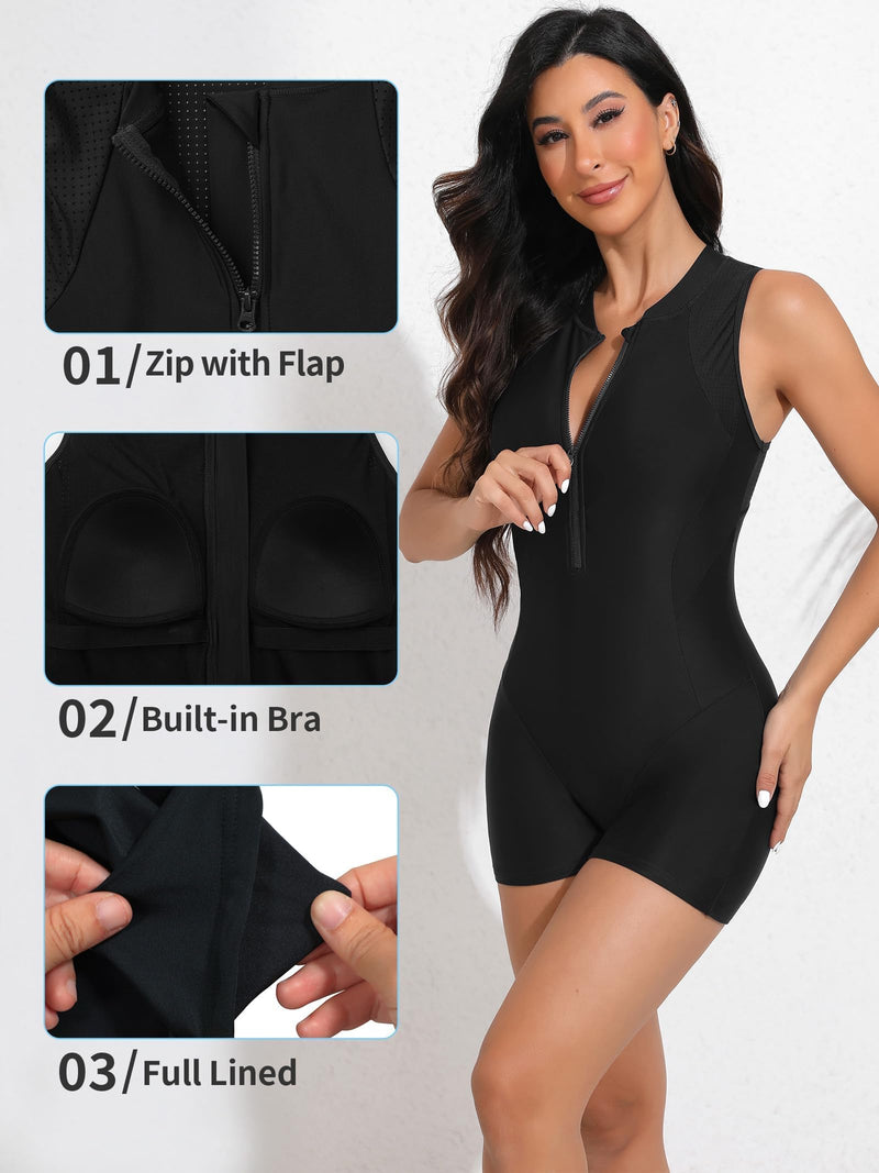 ATTRACO Womens One Piece Zip Up Swimming Costume Boyleg Modest Swimwear Athletic Swimming Suit