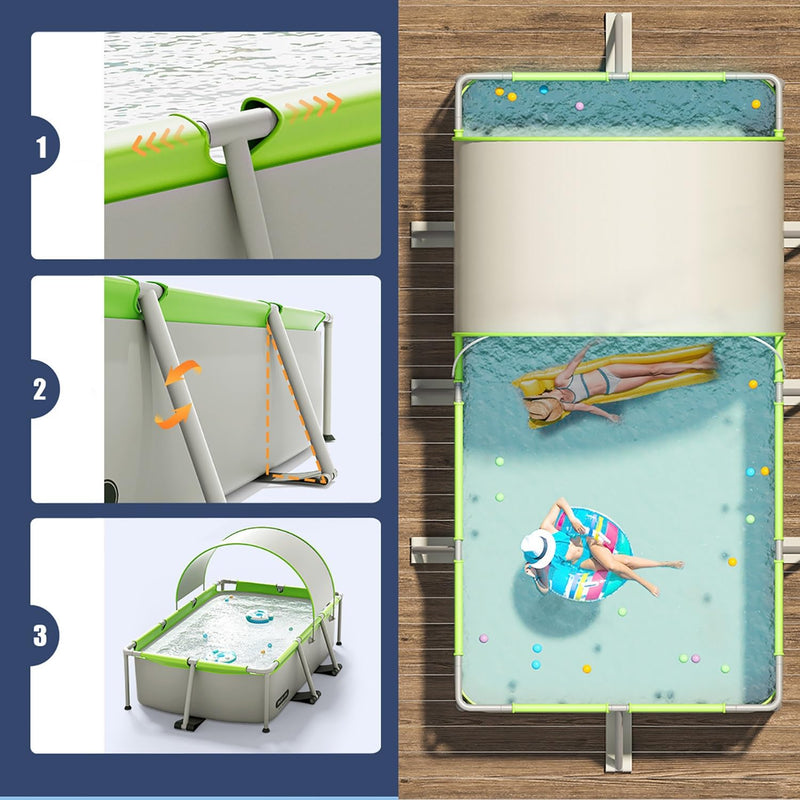 Metal Frame Swimming Pool Summer Rectangular Above Ground Pools Folding pool with shed roof Outdoor Lounge Pool for Adults Kids (Non-inflatable installation)(Size:4.5m)