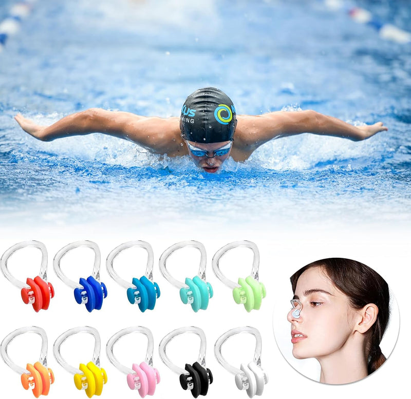 NAYAGOGO 10 Pcs 10 Colors Nose Clips Swimming, Nose Plug Reusable Waterproof Nose Protector, Waterproof Training Swim Nose Protector Plug, for Swimmers, Beginners