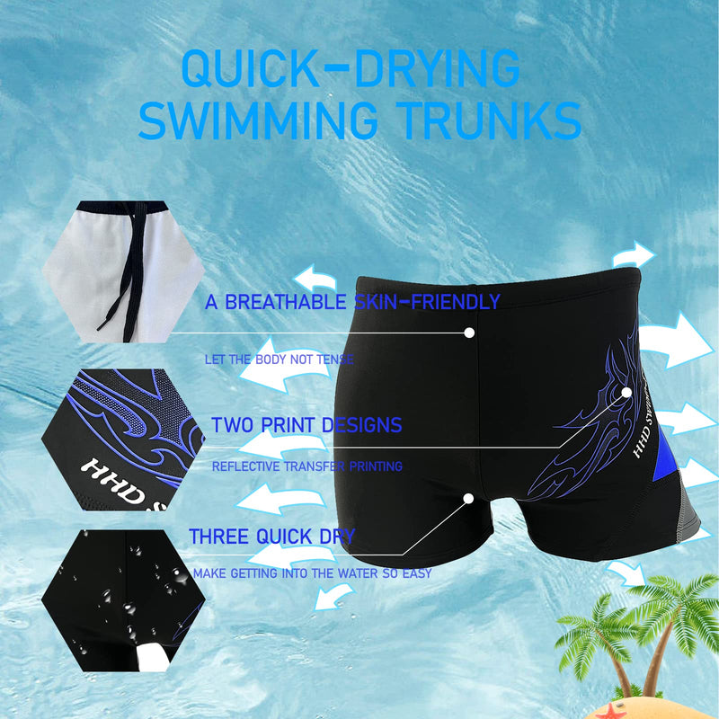 HHD Men's Swimming Trunks Black Trunks Suitable for Beach or Swimming Boxer Swimsuit Bottoms M, L, or XL