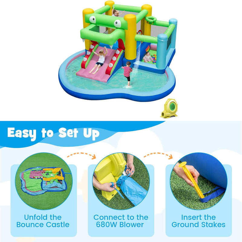 GYMAX Kids Bouncy Castle with 680W Blower, 5-in-1 Inflatable Water Park with Slide, Splash Pool, Ocean Balls, Ball Pit & Basketball Hoop, Children Jumping House for Outdoor Indoor, 400x390x190cm