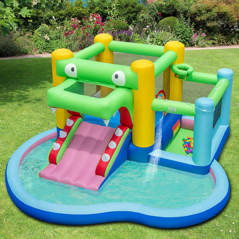 GYMAX Kids Bouncy Castle with 680W Blower, 5-in-1 Inflatable Water Park with Slide, Splash Pool, Ocean Balls, Ball Pit & Basketball Hoop, Children Jumping House for Outdoor Indoor, 400x390x190cm