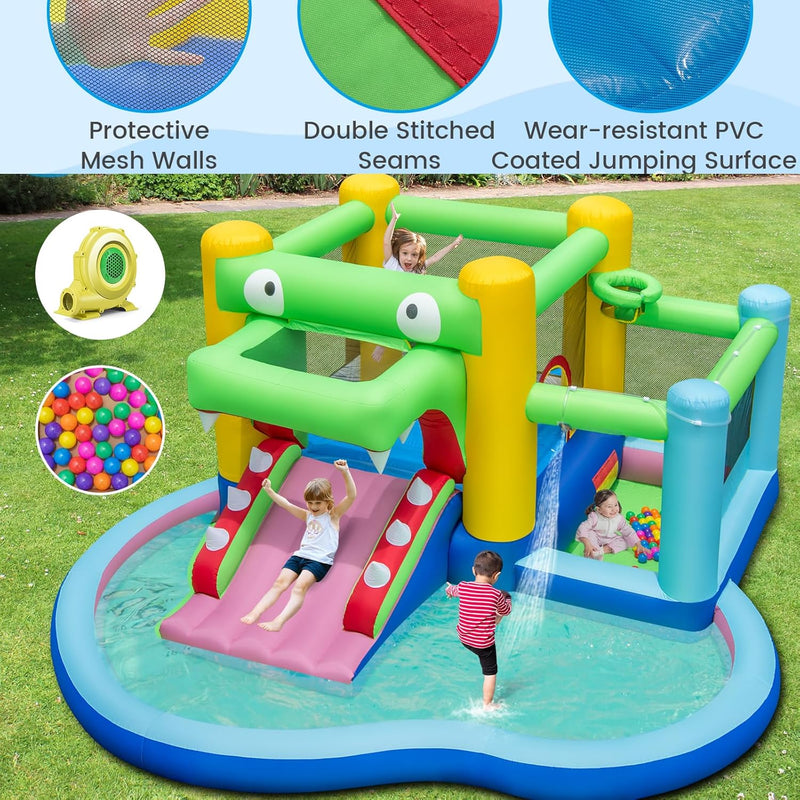 GYMAX Kids Bouncy Castle with 680W Blower, 5-in-1 Inflatable Water Park with Slide, Splash Pool, Ocean Balls, Ball Pit & Basketball Hoop, Children Jumping House for Outdoor Indoor, 400x390x190cm